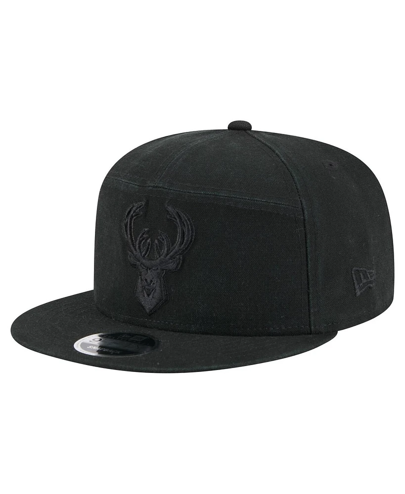 New Era Men's Black Milwaukee Bucks Adventure Canvas Split Panel 9FIFTY Snapback Hat