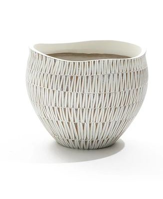 LuxenHome White with Gold V-Pattern Polyresin 12-Inch Round Planter