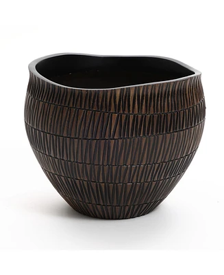LuxenHome Brown with Black V-Pattern Polyresin -Inch Round Planter