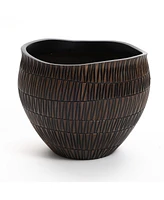 LuxenHome Brown with Black V-Pattern Polyresin -Inch Round Planter