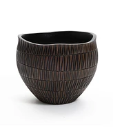 LuxenHome Brown with Black V-Pattern Polyresin -Inch Round Planter
