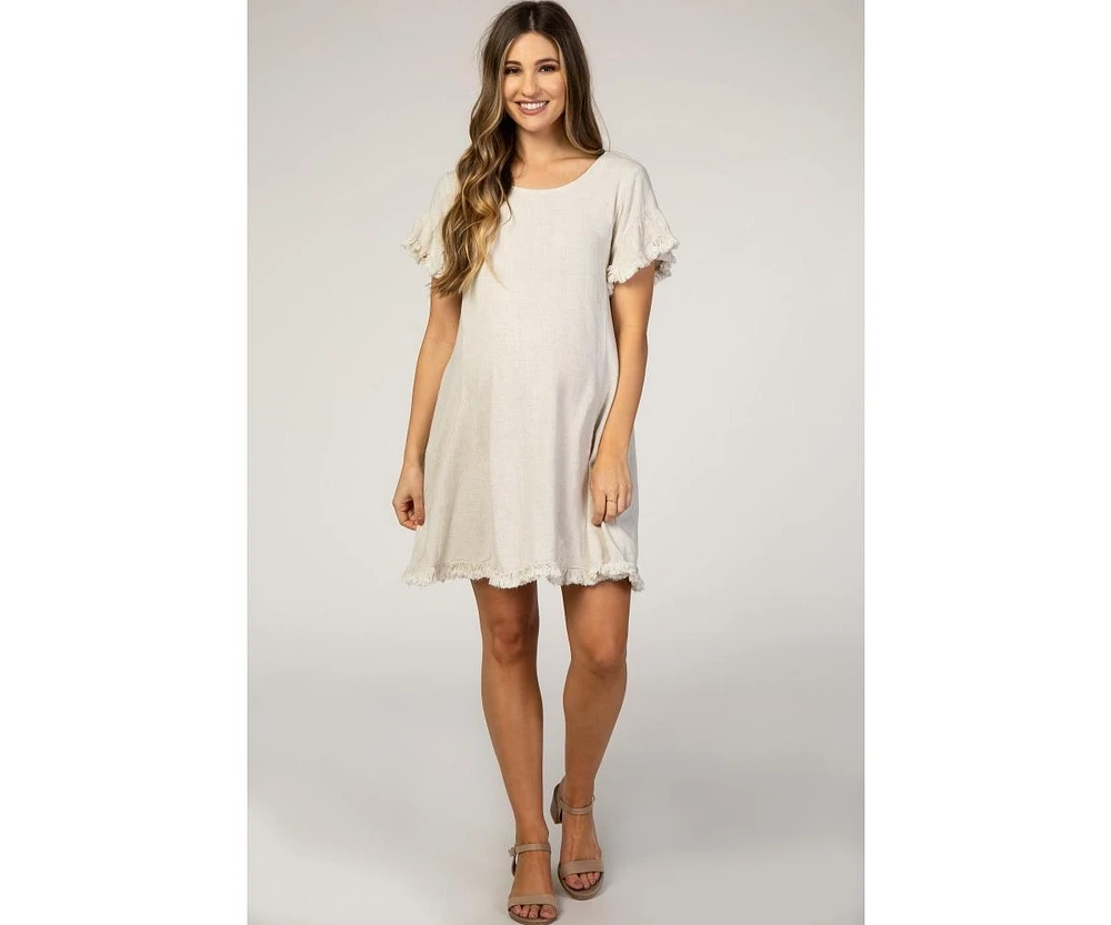 Pinkblush Maternity Beige Fringe Linen Dress