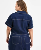 Bar Iii Trendy Plus Seamed Denim Zip-Front Top, Exclusively at Macy's