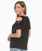 White Mark Women's Cold Shoulder Lace Trim Knit Top