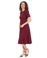London Times Women's Puff-Sleeve Tab-Detail Fit & Flare Dress