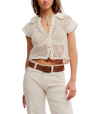 Free People Women's Lily Button-Front Crochet Cotton Top