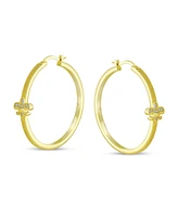 Bling Jewelry Fleur De Lis Tube Textured Large Hoop Earrings Pave Cz Cubic Zirconia Textured Gold Plated Brass 1.75 Inch Diameter