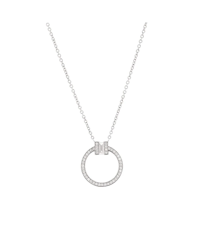 Pre-Owned Tiffany & Co. Small T Circle Pendant Necklace 18K White Gold with Diamonds and Center Baguette Diamond