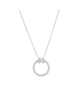 Pre-Owned Tiffany & Co. Small T Circle Pendant Necklace 18K White Gold with Diamonds and Center Baguette Diamond