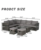 6-Piece Outdoor Patio Sectional Sofa Set with Glass Table, Cushions and Pillows for Backyard and Garden