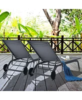 Gymax Set of 2 Patio Chaise Lounge Chair Aluminum Adjustable Recliner w/ Wheels