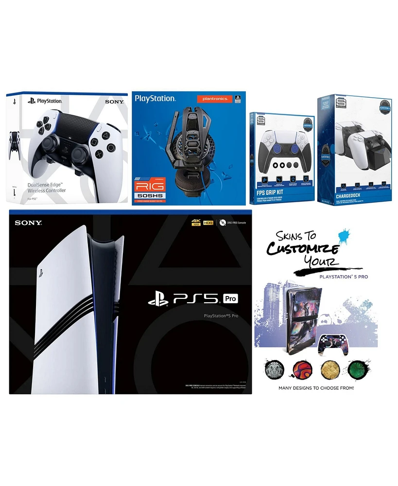 Sony Playstation 5 Pro Bundle with Extra Edge Controller, Plantronics Headset, Fps Grip Kit, Dual Charge Dock and MightySkins Decal Voucher