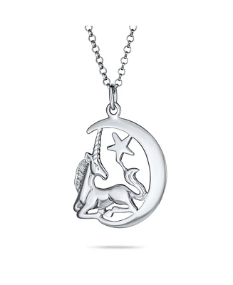Bling Jewelry Unique Crescent Moon & Star Celestial Pegasus Unicorn Pendant Necklace Sterling Silver