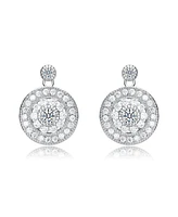 White Gold Plated with Clear Cubic Zirconia Concentric Halo Medallion Drop Earrings