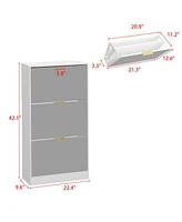 Wooden 3-door natural shoe cabinet,Mirror door panel, multi-purpose rack with metal handles
