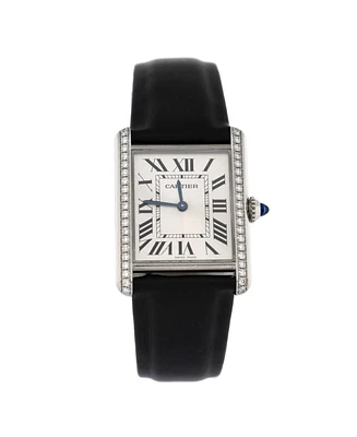 Pre-Owned Cartier Must de Cartier Tank Quartz Watch in Stainless Steel and Satin with Diamond Bezel 25mm