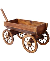 Wood Wagon Flower Planter Pot Stand W/Wheels Home Garden Outdoor Decor