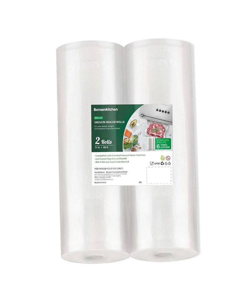 Bonsenkitchen Vacuum Sealer Bags, 11 in x 50 ft Rolls 2 Pack Seal Bags for Food Storage Saver, Bpa Free, Commercial Grade Textured Food Roll Bags, Cus