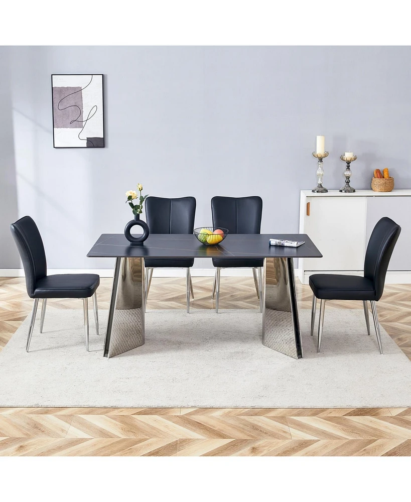 Black Marble Table & 4 Pu Chairs