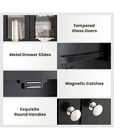 63 Inch Tall Bathroom Storage Cabinet with 2 Glass Doors and Adjustable Shelves