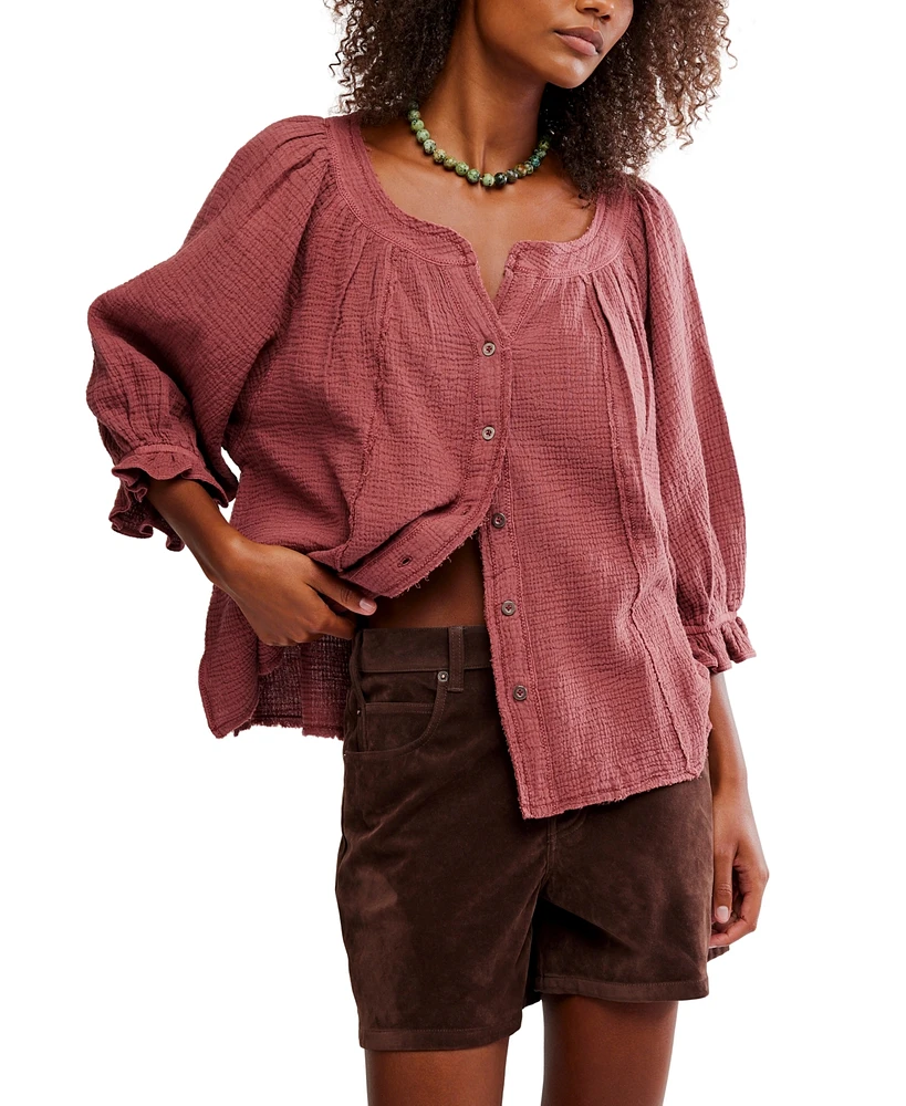 Free People Women's Lucy Cotton Button-Front Swing Blouse
