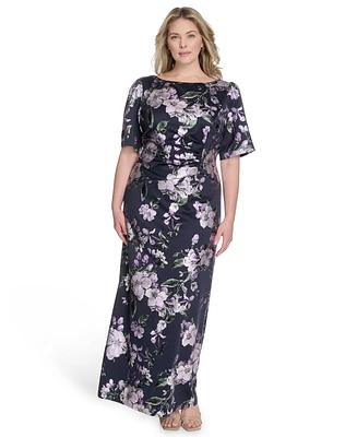 Jessica Howard Plus Printed Boat-Neck Gown