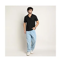 Campus Sutra Men's Onyx Black Panel-Tactile Cuban Polo T-Shirt