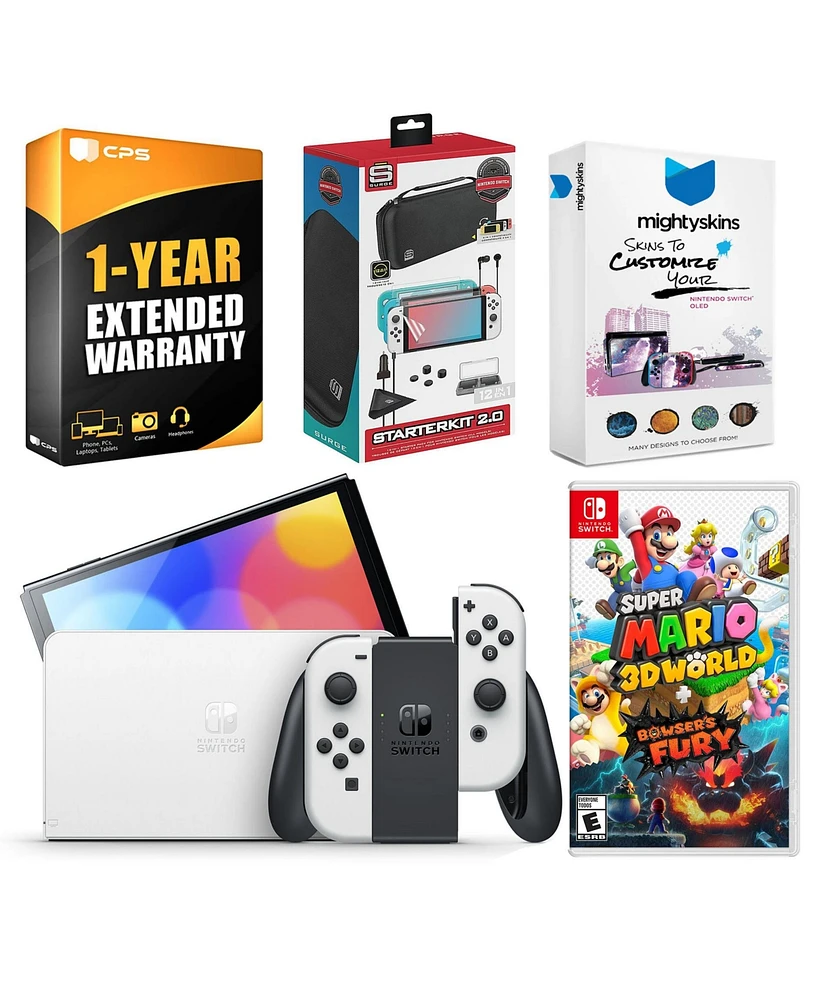 Nintendo Switch White Oled Console with Super Mario 3D World + Bowser s Fury, Surge Accessory Gaming Kit, MightySkins Console and Controller Skin Vouc