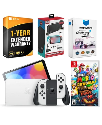 Nintendo Switch White Oled Console with Super Mario 3D World + Bowser s Fury, Surge Accessory Gaming Kit, MightySkins Console and Controller Skin Vouc