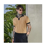 Campus Sutra Men's Buff Beige & Obsidian Black Arc-Tactile Polo T-Shirt