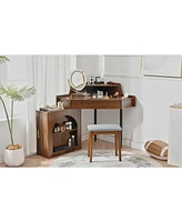 Walnut Corner Vanity Desk with Mirror & Led Lights