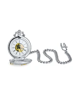 Bling Jewelry Skeleton Pocket Watch Two-Tone Roman Numerals Gold Silver Chain