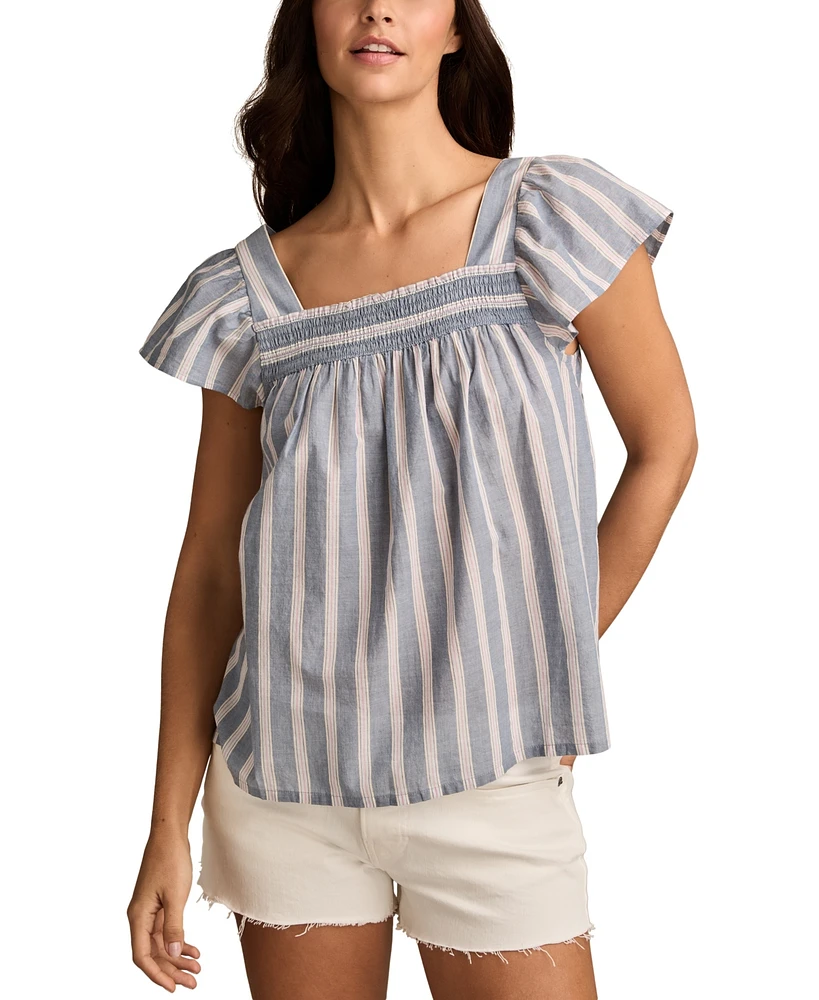 Lucky Brand Women's Striped Cotton Square-Neck Peasant Top