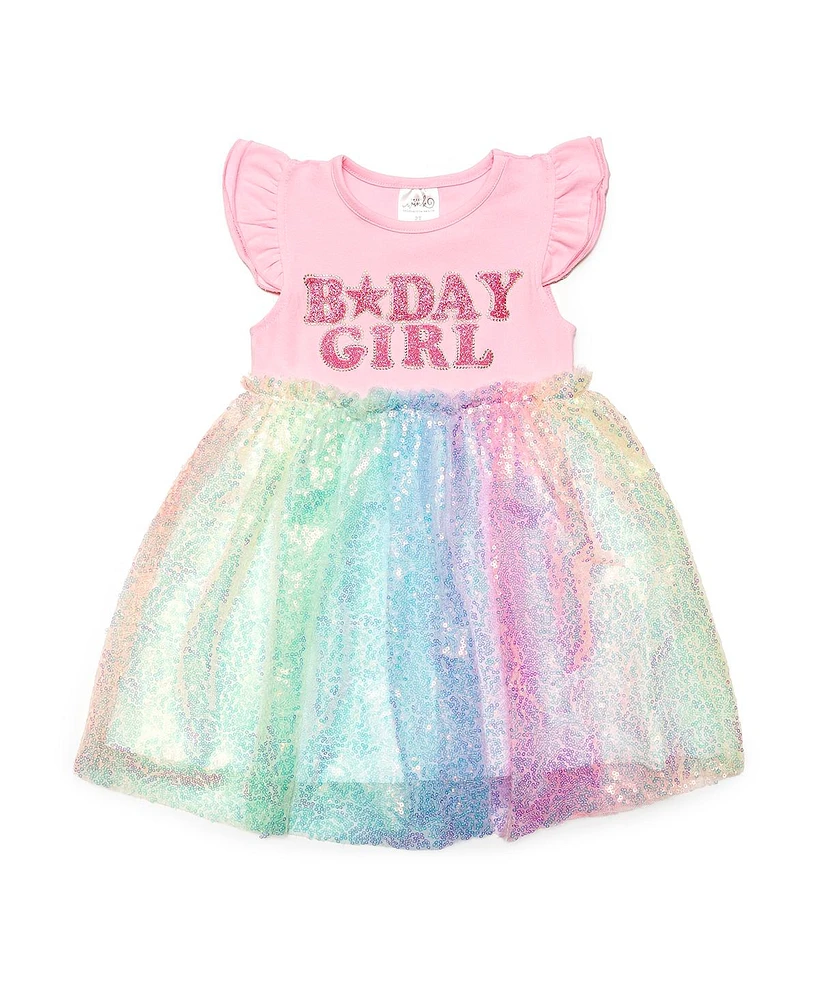 Sweet Wink Toddler Girls Birthday Patch Rainbow Ombre Sequin Short Sleeve Tutu Dress
