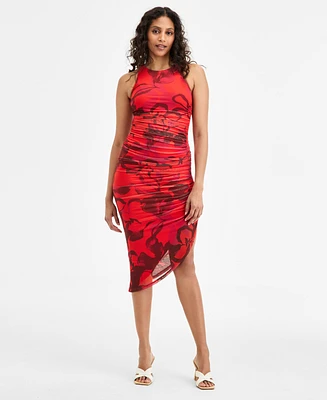 Bar Iii Women's Printed Ruched Mesh Midi Dress, Exclusively at Macy's
