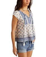 Lucky Brand Women's Cotton Mixed-Print Peasant Blouse