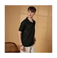 Campus Sutra Men's Raven Black Textured-Knit Polo T-Shirt