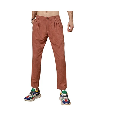 Campus Sutra Men's Terracotta Brown Crinkled Tailored Trousers
