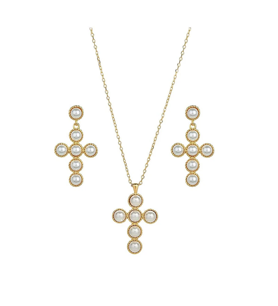 Sterling Silver 18k Gold Plated Victoria Cross Cultured Pearl Necklace & Earrings Set