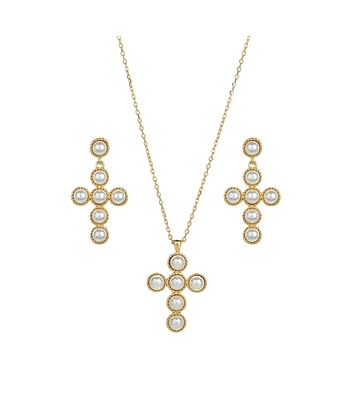 Sterling Silver 18k Gold Plated Victoria Cross Cultured Pearl Necklace & Earrings Set