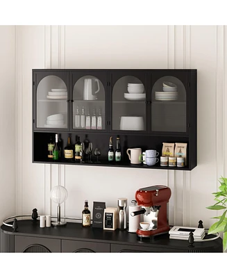 47.25" Four-door Glass Wall Cabinet Storage, Wall-mounted, Suitable for Kitchen, Living Room, Bathroom(Black)