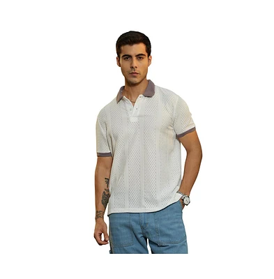 Campus Sutra Men's Chalk White & Pastel Purple Contrast Open-Knit Polo T-Shirt