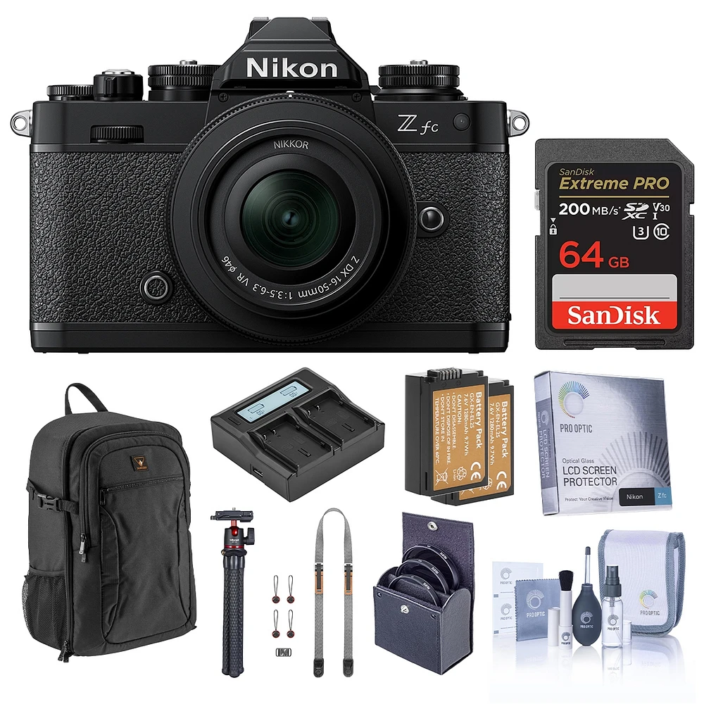 Nikon Z fc Dx-Format Mirrorless Camera with 16-50mm f/3.5-6.3 Lens, Black, Bundle with 64GB Memory Card, Backpack, 2x Extra Battery, Tripod and 46mm F