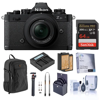 Nikon Z fc Dx-Format Mirrorless Camera with 16-50mm f/3.5-6.3 Lens, Black, Bundle with 64GB Memory Card, Backpack, 2x Extra Battery, Tripod and 46mm F