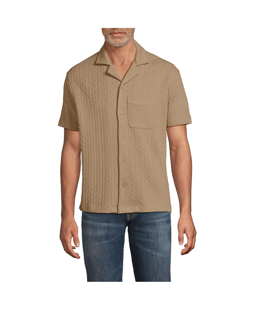Lands' End Men's Short Sleeve Textured Cable Camp Collar Button Through Shirt