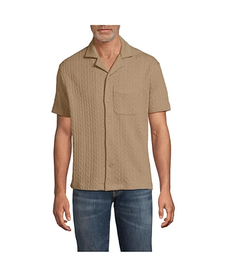 Lands' End Men's Short Sleeve Textured Cable Camp Collar Button Through Shirt