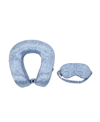 Blue Tonal Paisley Print Poly Adult Satin Neck Pillow and Eye Mask Set