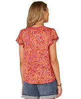 Democracy Petite Flutter-Sleeve Printed Knit Top