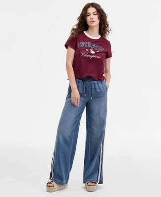 Madden Girl Juniors' Pull-On Side-Snap Wide-Leg Jeans