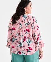 Style & Co Plus Printed V-Neck Ruffle-Cuff Blouse